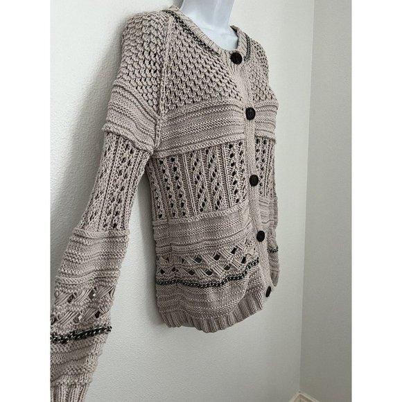 Bird By Juicy Couture Womens Tan Chunky Knit Cardigan Sweater Size M Chains - Picture 2 of 7